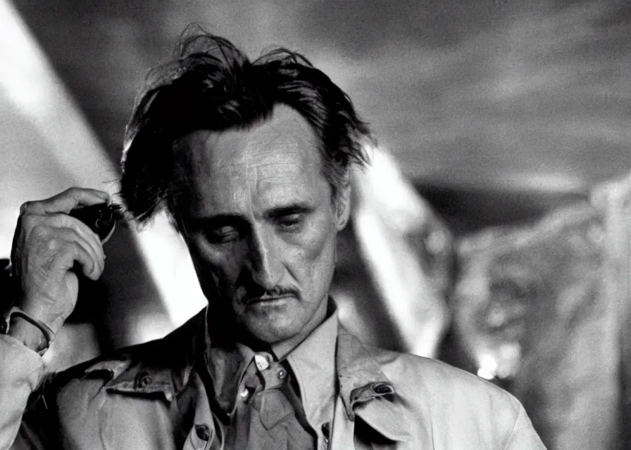 Prompt: Film still of 1980s Dennis Hopper in Twin Peaks (1990), The Black Lodge from Twin Peaks, eerie lynchian photography