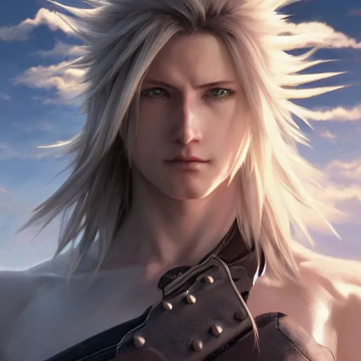 Prompt: Cloud from Final Fantasy VII, cinematic lighting, intricate, elegant, highly detailed, digital painting, artstation, sharp focus, illustration, art by artgerm and greg rutkowski and alphonse mucha and Wayne Barlowe and william-adolphe bouguereau