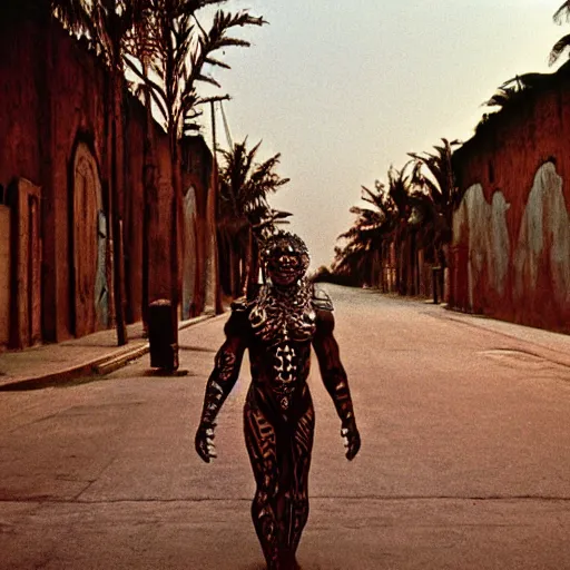 Image similar to empty street, mayan jaguar warrior, portrait, at night, by nan goldin, cinematography by quetzalcoatl