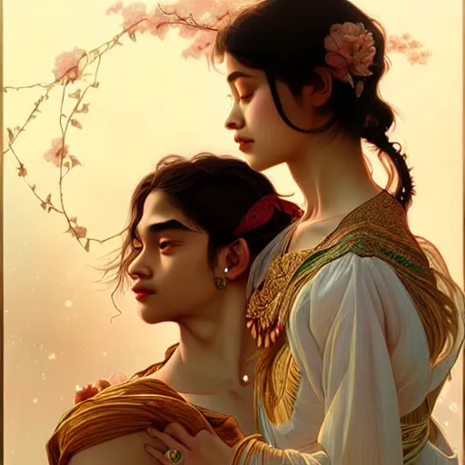 Prompt: portrait of beautiful young assamese romantic couple fantasy, intricate and very very beautiful and elegant, highly detailed, digital painting, artstation, concept art, smooth and sharp focus, illustration, art by tan zi and ayanamikodon and alphonse mucha and wlop