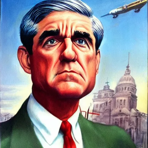 Image similar to surreal socialist realist painting of robert mueller!!! standing with folded arms, polish movie poster