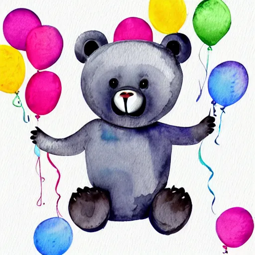 Prompt: watercolor cute animated bear holding birthday balloons, white background,