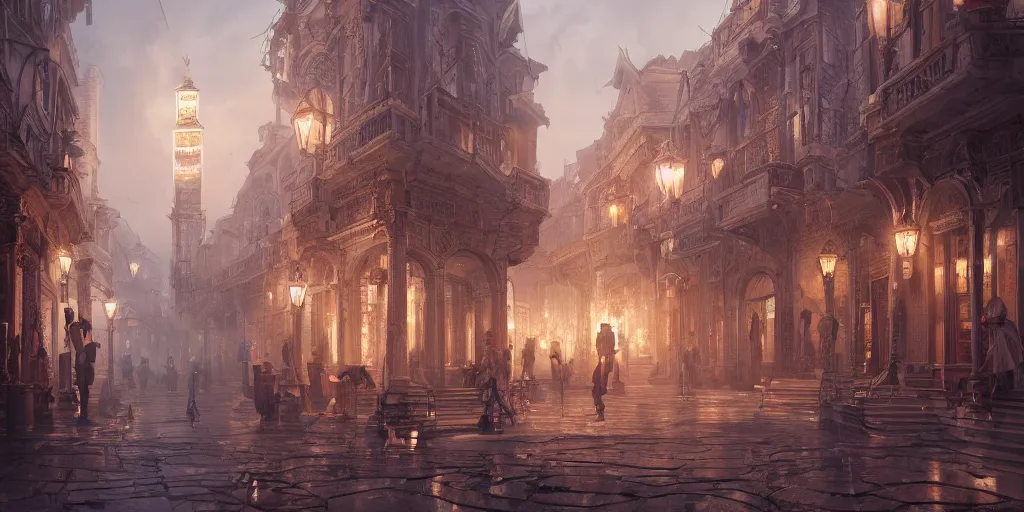 Prompt: the town square of the great city of noxia, marble streets, ivory towers, peter morbacher, ross tran, greg rutkowski, intricate details, extravagant, trending on artstation, cinematic lighting, digital painting, sharp focus, no blur, octane render, artgerm