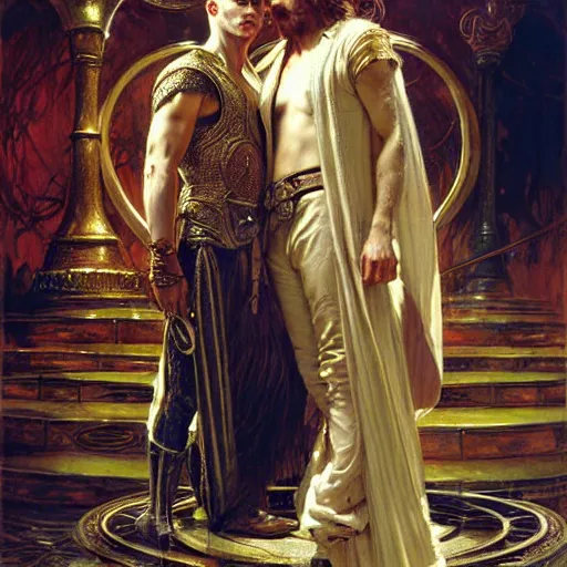 Image similar to stunning arthur pendragon in love with stunning male merlin the mage. they are close to each other. highly detailed painting by gaston bussiere, craig mullins, j. c. leyendecker