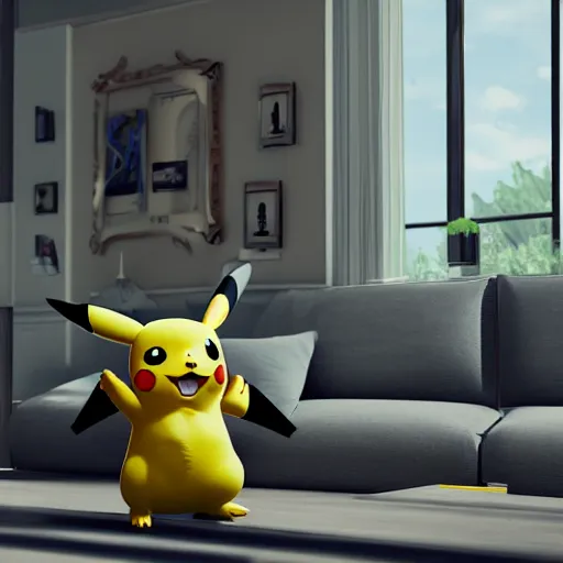 Image similar to Pikachu taking a bong rip while sitting on the couch, unreal engine 5, octane render, cgsociety, living room interior, soft lighting, ray tracing