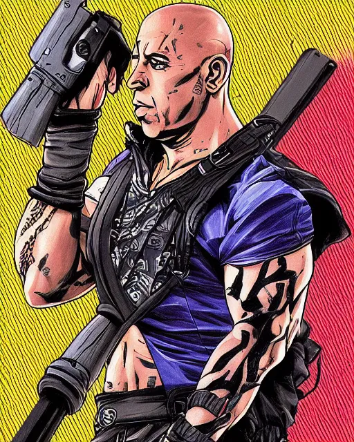 Prompt: Digital color pen drawing of Vin Diesel from JoJo\'s Bizzare Adventure, highly detailed, sharp focus, screentone shading, 1990 manga panel, trending on ArtStation, manga cover art drawn by Hirohiko Araki