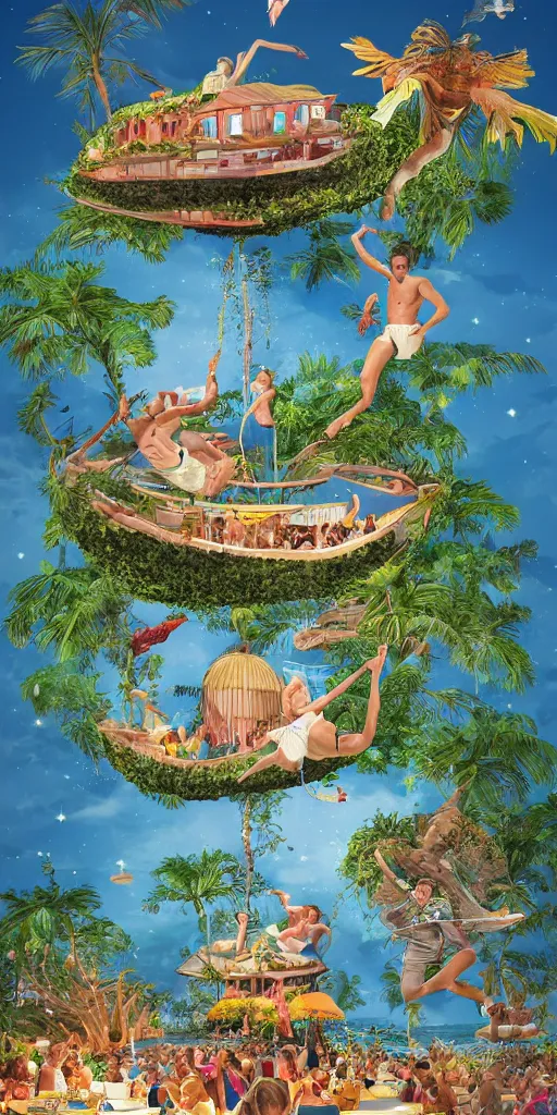 Image similar to an award winning fantasy island illustration, island is floating in mid air