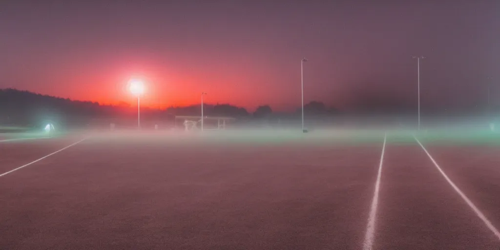 Prompt: racetrack at night in fog, colorful, mood, speed, award winning photography