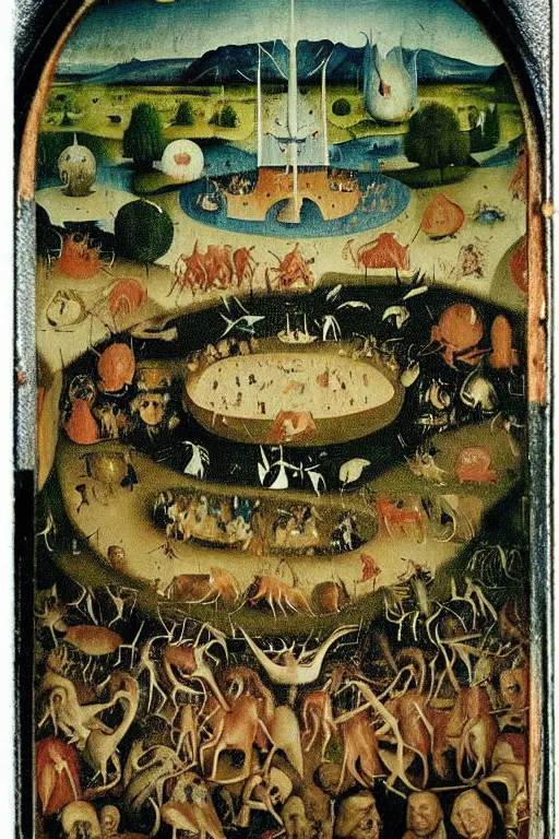 Prompt: An instax film still of a Hieronymus Bosch The Garden of Earthly Delights painted by Mark Rothko