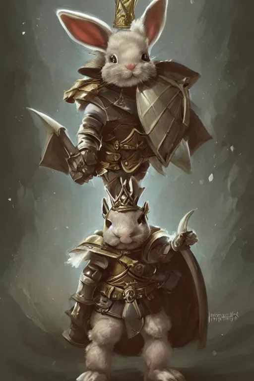 Image similar to cute little anthropomorphic rabbit knight wearing a cape and a crown, tiny, small, miniature rabbit, baby animal, short, pale blue armor, cute and adorable, pretty, beautiful, DnD character art portrait, matte fantasy painting, DeviantArt Artstation, by Jason Felix by Steve Argyle by Tyler Jacobson by Peter Mohrbacher, cinematic lighting