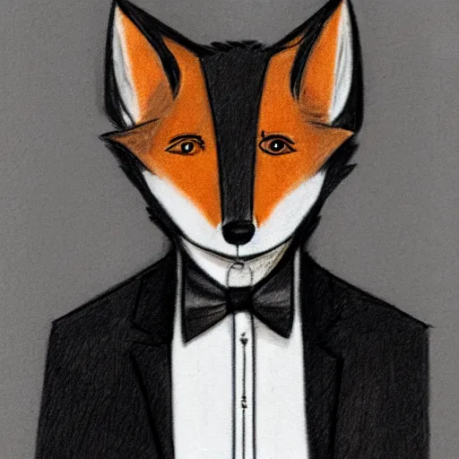 Prompt: autographed pencil sketch of an anthropomorphic male fox furry fursona in a tuxedo with medium length black hair, handsome eyes, posing with hands in pocket, hdr photograph of notebook