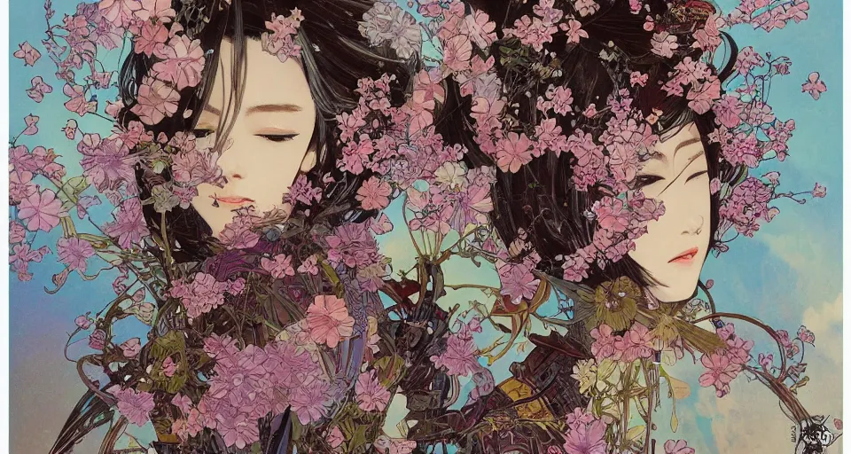 Image similar to oil painting, long shot, beautiful floralpunk japanese bio mechanical female illustration detailed patterns art of japan traditional dress, flower pop art, floral splash painting, art by ashley wood, alphonse mucha, makoto shinkai, geof darrow, dark shadow