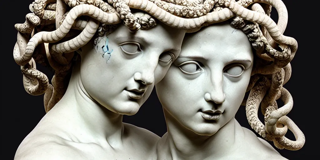 Prompt: greek sculpture, bust, young woman as medusa, with a wig made from snakes