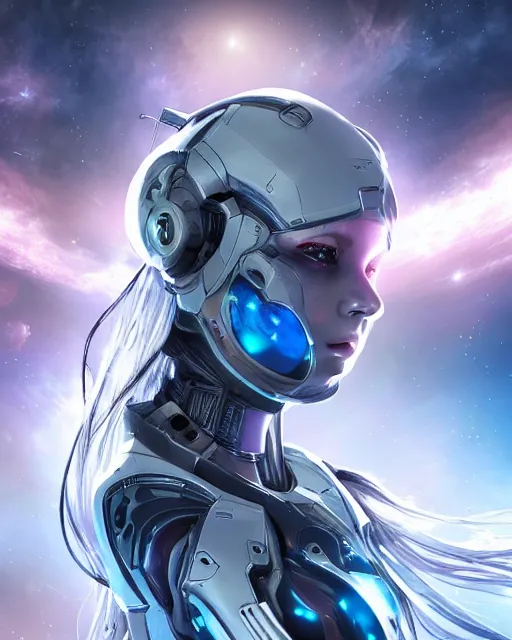 Image similar to photo of a cyborg girl on a space ship, warframe armor, beautiful, perfect face!, scifi, nebula reflections, futuristic background, slim figure, dreamy, long white hair, blue cyborg eyes, glowing, 8 k high definition, insanely detailed, intricate, innocent, art by akihiko yoshida, antilous chao, li zixin, woo kim