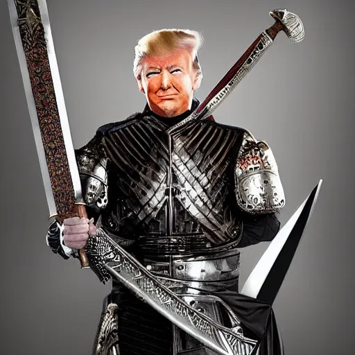 Image similar to donald trump, donald trump wearing knights armor, holding a broadsword, by hans holdein, donald trumps handsome face