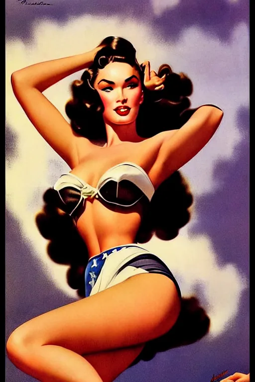 Prompt: beautiful megan fox retro future varga girl, windblown dark hair, retro pinup model, seductive, 1 9 4 0, glamour pose, intricate, hyper detailed, digital art, smooth, sharp focus, alberto vargas, gil elvgren, greg rutkowski
