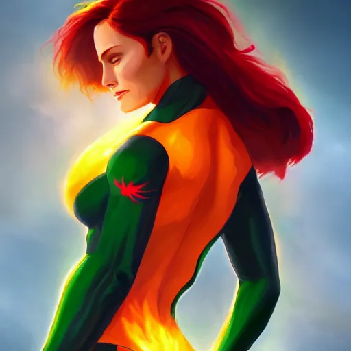 Prompt: jean grey, a full body portrait of jean grey, green eyes, red hair, phoenix rising, flames, flying, comic, x - men, highly detailed, artstation, symetry, digital painting, vivid colors, realistic shaded perfect face, soft lighting, atmospheric, sharp focus, moody, in the style of alex ross, 8 k