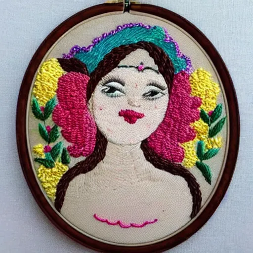 Image similar to a beautiful handmade embroidery of a woman with flowers. hand embroidery.