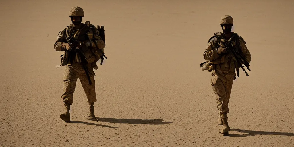 Prompt: a rooster soldier walking the sands of iraq with his platoon. cinematic photograph. 35mm.