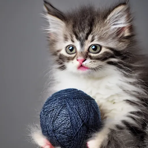 Image similar to a very happy and fluffy kitten wearing knitted clothes playing with a ball of yarn, award-winning photograph, depth of field, 8K UHD