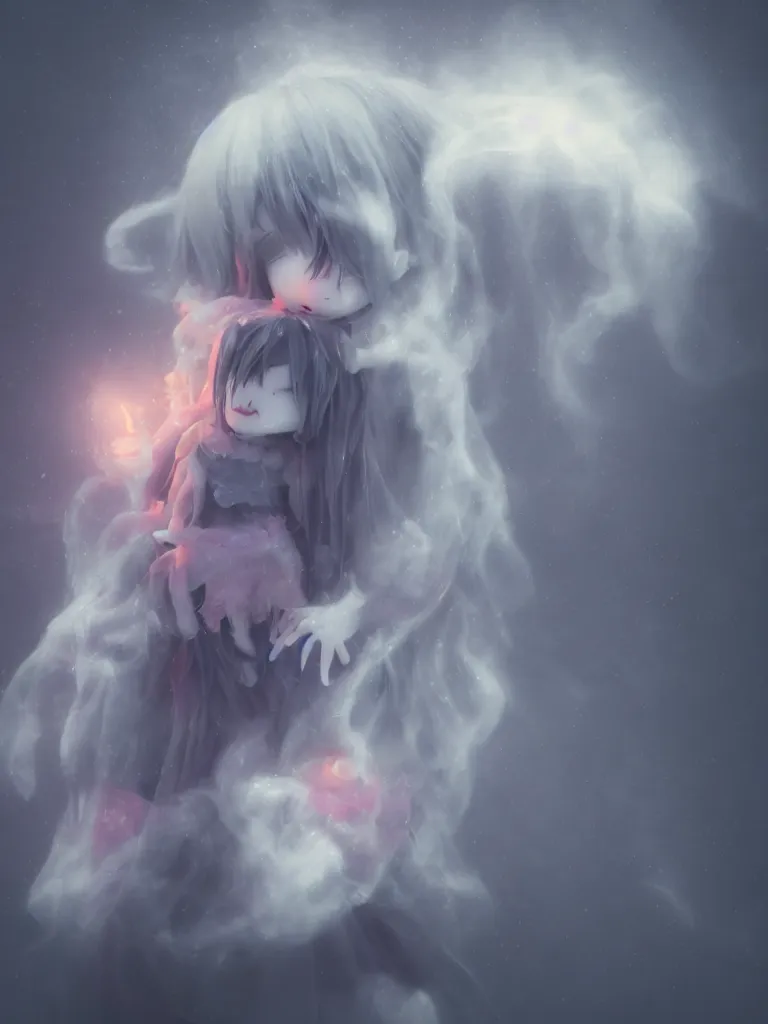 Image similar to cute fumo plush of a cursed frail witch girl held tight in the arms of a translucent ghost mother, hugging and cradling, anime, melting volumetric smoke and fog, environment map pbr reflective stormy water, gothic maiden, bokeh, vignette, vray