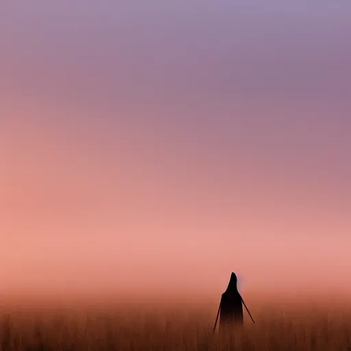 Prompt: a field of tiny bones with a gigantic ghostly grim reaper walking in the horizon, in a sunset haze, foggy, photographic