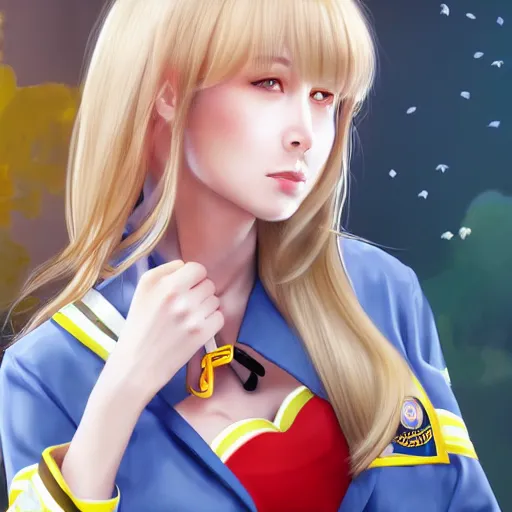 Prompt: a beautiful woman wearing a mcdonald's uniform, blonde, long hair, pixiv, hyperrealistic