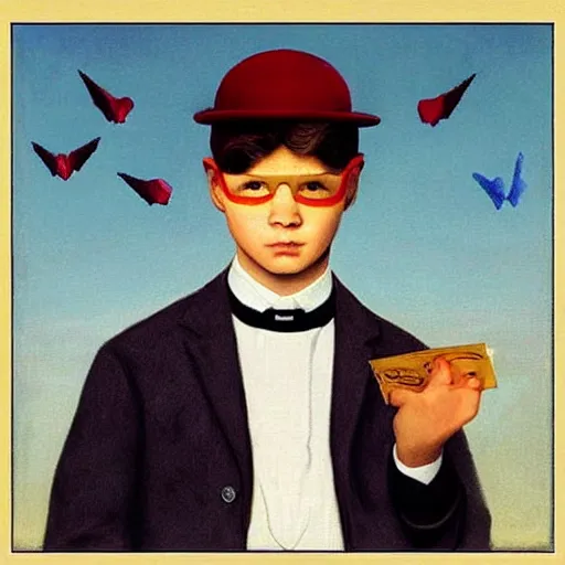 Image similar to boy-wonder proves to the science journal that he can fly by Raphael, Hopper, and Rene Magritte. detailed, romantic, enchanting, trending on artstation.