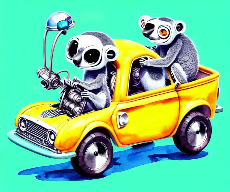 Image similar to cute and funny, lemur wearing a helmet riding in a tiny hot rod with oversized engine, ratfink style by ed roth, centered award winning watercolor pen illustration, isometric illustration by chihiro iwasaki, edited by beeple, tiny details by artgerm, symmetrically isometrically centered