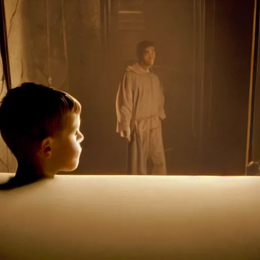 Image similar to movie scene of a glowing boy, movie still, cinematic composition, cinematic light, criterion collection, reimagined by industrial light and magic, Movie by David Lynch and Ridley Scott