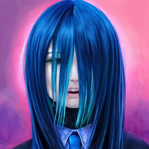 Prompt: full face shot of rimuru tempest, sky blue straight hair, long bangs, with amber eyes, wearing a fancy black jacket, high collar, ultra detailed, brush strokes, digital painting, cinematic, wlop artstation, closeup, pixiv, intense, intimidating glare, photorealistic, overpowering, andy warhol,