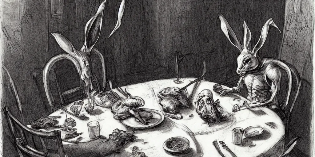 Image similar to An evil detailed white rabbit eating human bodyparts with a knife and fork sitting on a chair at the dinner table, by John Howe, Artstation, Dark, human body on a spit in the background, scary, spooky