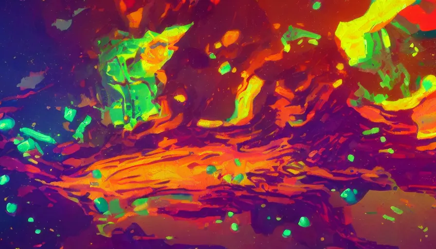 Image similar to an oil painting of a colorful strong bacteria, illustration, cinematic lighting, establishing shot