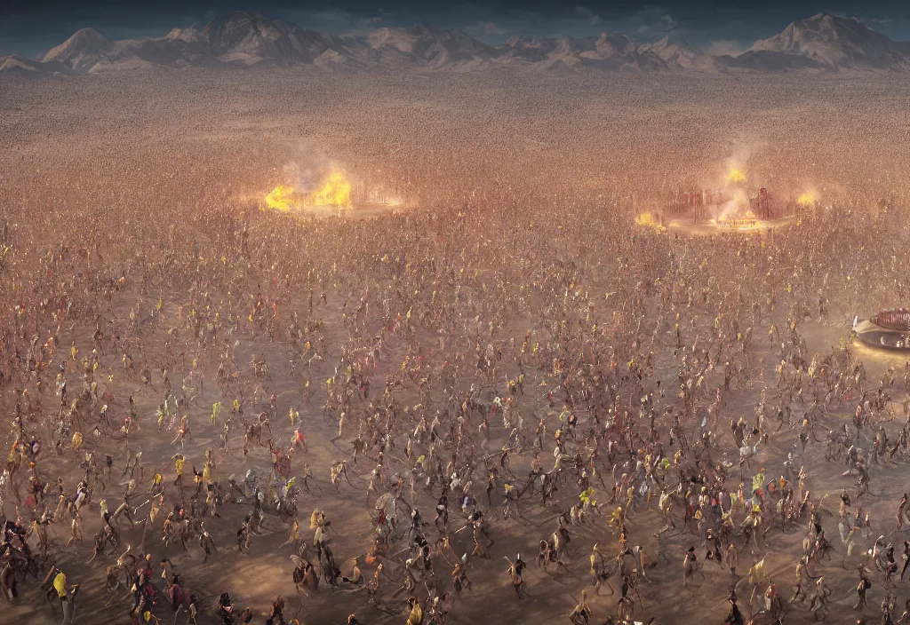 Prompt: A Dj playing to a vast crowd a burning man, octane render, dramatic concept art, 4k, high detail, volumetric lighting