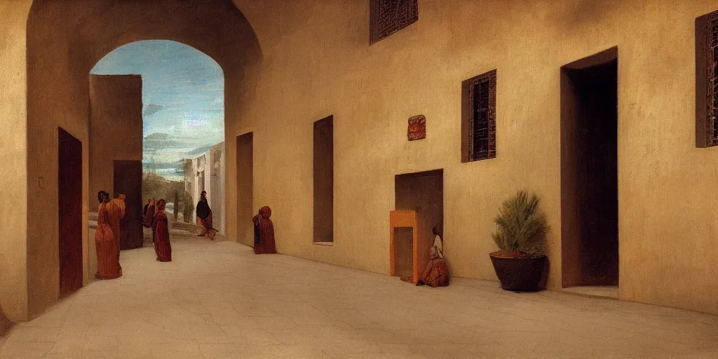 Prompt: hotel entrance in mexican town and street outside, empty, in the style of a high quality, atmospheric high renaissance oil on canvas painting