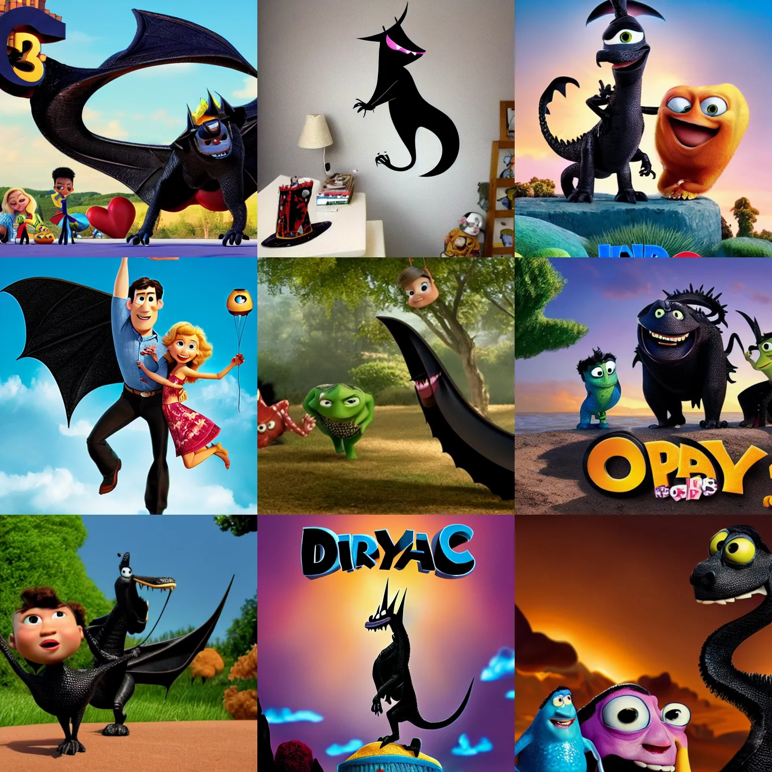 Prompt: pixar's UP, starring a black dragon