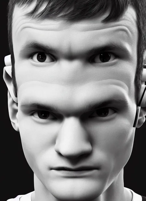 Image similar to vitalik buterin in headphones. vitalik buterin, medium shot, perfect symmetric face, coherent eyes, cute happy face, fine details., very sharp, 4 k, pixar, octane render, hans zatska