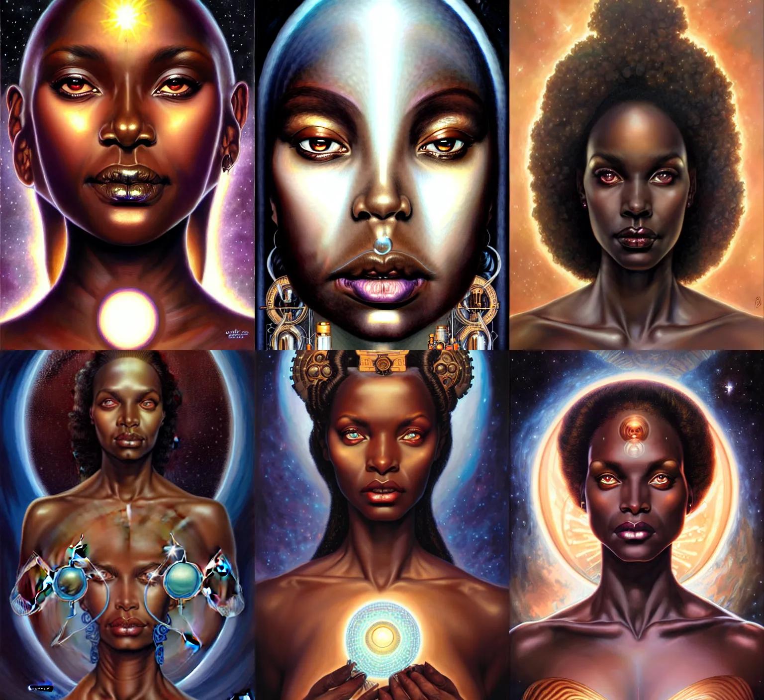 Prompt: stunning goddess of science portrait, clear eyes and dark skin. realistic, symmetrical face. art by bowater charlie, mark brooks, julie bell, arian mark, tony sandoval