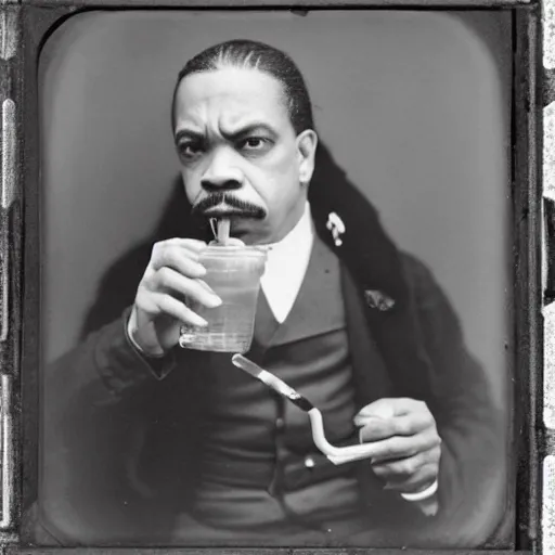 Image similar to tintype photo of ice - t, drinking iced tea with a straw, by julia margaret cameron 1 8 8 0 s, realistic, body shot, sharp focus, 8 k high definition, insanely detailed, intricate, elegant