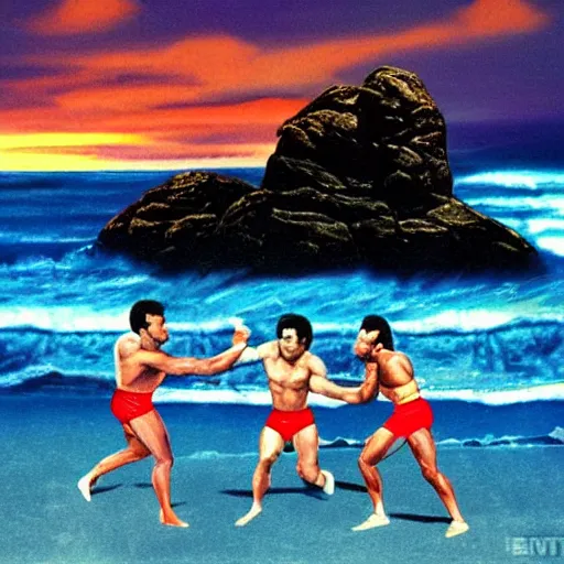 Image similar to rocky iii racing apollo and rocky on the beach, matte painting, beautiful, inspired, energetic, 8 0 s colors