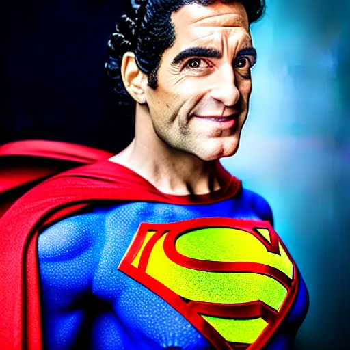 Image similar to uhd candid photo of cosmic seinfeld as superman, glowing, global illumination, studio lighting, radiant light, hyperdetailed, correct faces, elaborate intricate details. photo by annie leibowitz