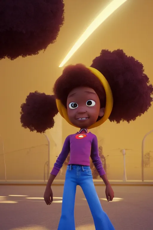 Image similar to a centered render of a super cool afro girl from the seventies wearing flares, by dreamworks, by pixar, by viktoria gavrilenko, by leticia gillett, octane render, perfect face, 3 d, 8 k