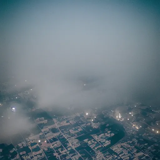 Image similar to looking down from a plane into a distroyed city :: fog :: cinematic photography