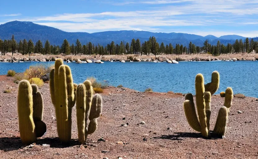 Prompt: lake tahoe, without water, cactus, desert, dry and hot