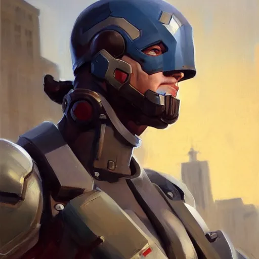 Prompt: greg manchess portrait painting of fully armored cap america as overwatch character, medium shot, asymmetrical, profile picture, organic painting, sunny day, matte painting, bold shapes, hard edges, street art, trending on artstation, by huang guangjian and gil elvgren and sachin teng