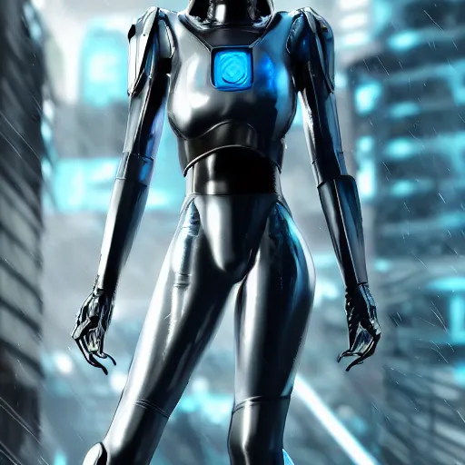 Image similar to An epic fantastic ultrarealism comic book style portrait painting of a female cyber armor airforce by artgerm, black and blue silver color armor, cyberpunk feel raining at tokyo rooftop, Concept world Art, unreal 5, DAZ, 8k, hyperrealistic, octane render, cosplay, RPG portrait, dramatic lighting, rim lights