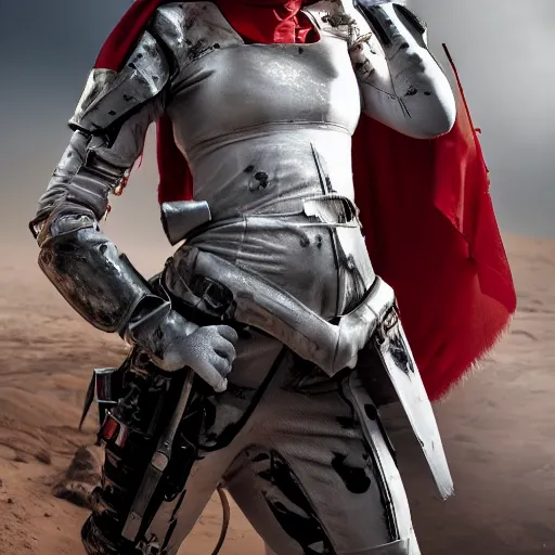 Image similar to a young female soldier wearing blood-spattered glossy sleek white dinged scuffed armor and a long torn red cape, heroic posture, determined expression, elegant, no helmet, on the surface of mars, dramatic lighting, cinematic, sci-fi, hyperrealistic, detailed