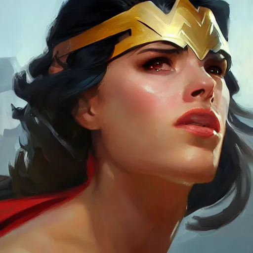 Image similar to greg manchess portrait painting of wonderwoman as overwatch character, medium shot, asymmetrical, profile picture, organic painting, sunny day, matte painting, bold shapes, hard edges, street art, trending on artstation, by huang guangjian and gil elvgren and sachin teng