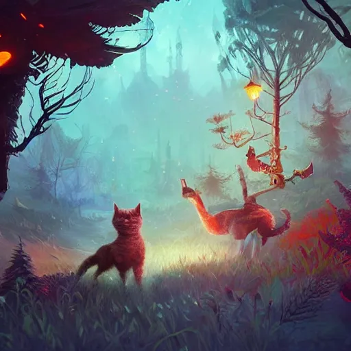 Prompt: cats walking through a magical forest, fantasy, intricate, elegant, highly detailed, digital painting artstation, blender, unreal engine 5, octane render, smooth, sharp focus, illustration, by Anton Fadeev and Philipp A. Urlich and Pengzhen Zhang and Andreas Rocha