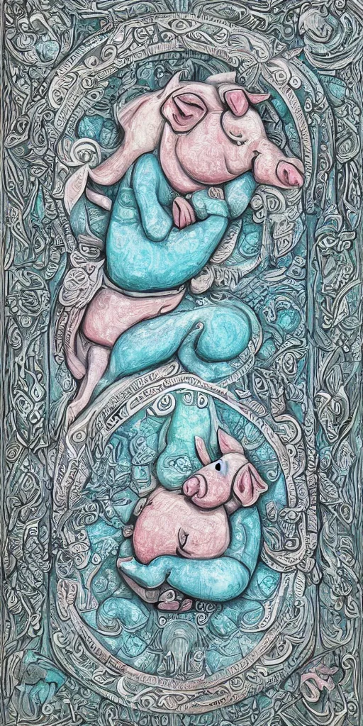 Image similar to intricate colourfully painted carved Soapstone relief paneling, white and pale blue , celestial, pig, piglet, piggy, pig goddess, mother earth, Earth Goddess mythology, Gaia, angels, divinity, Ghostly, crystaline celtic, insanly detailed , artstation, wallpaper, hyper realistic, realistic lighting